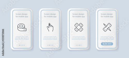 Band aids set icon. Bruise, abrasion, wound, cut, finger, skein of adhesive plaster, time, clock, eco friendly, bandage, patch. Healthcare concept. UI phone app screens. Vector line icon