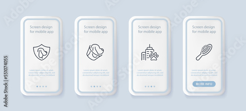 Animal Grooming set icon. Pet, dog, animal hair, fluff, fluffy, cut claws, scissors, cone, prescription, paw, treatment. Veterinary medicine concept. UI phone app screen. Vector line icon for Business