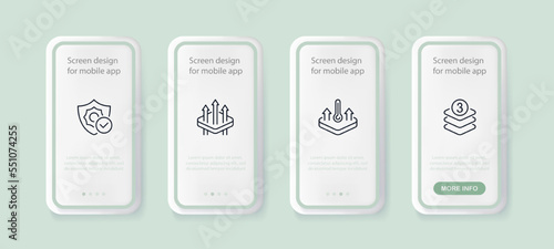 breathable fabric set icon. Shield, gear, permeability, temperature control, atmosphere, three layer material. Technology concept. UI phone app screens. Vector line icon for Business and Advertising