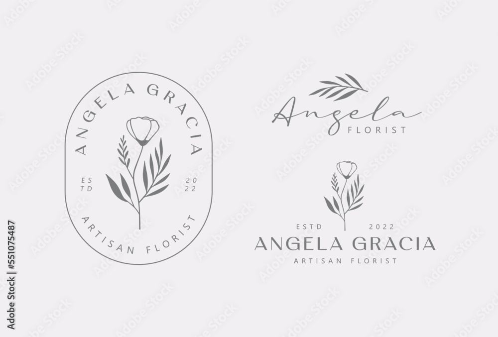 Obraz premium Hand Drawn Feminine Vector Signs or Logo Templates Set. Flower Illustration with Classy Typography.