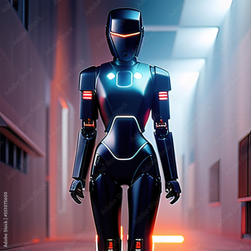 Futuristic female android human concept in the city street. Created by AI, Artificial Intelligence 