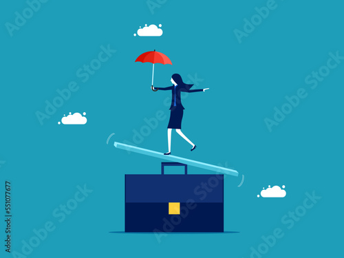 Business concept of balance. Businesswoman standing on top of work life balance vector eps