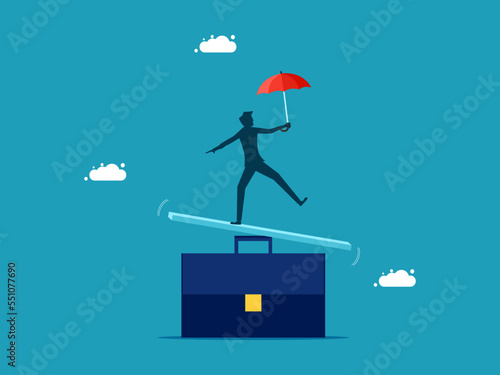 Business concept of balance. Businessman standing on top of work life balance vector eps