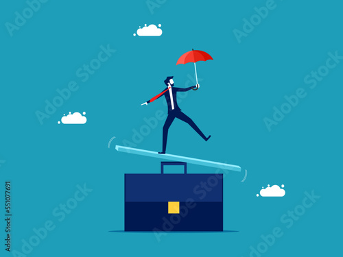 Business concept of balance. Businessman standing on top of work life balance vector eps