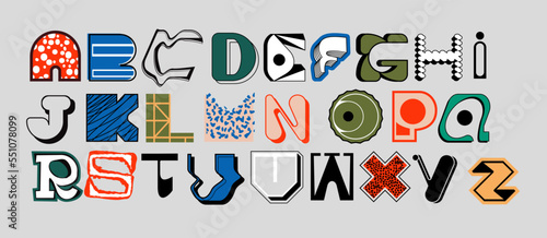 Set of ransom alphabet typographic shapes. Uppercase random types for the title. Latin letters for title cover design