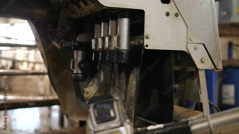 Close-up of an automated machine for milking cows on a dairy farm. Automatic robot manipulator for milking cows on a dairy farm of cattle. Close-up of an automated machine for milking cows on a dairy farm. Automatic robot manipulator for milking cows on a dairy farm of cattle.