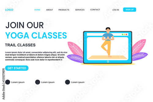 Join online yoga classes concept of web page design for website and responsive mobile website vector illustration.