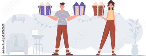 A man and a woman are holding a festive gift box in their hands. The concept of holiday greetings for Valentine's Day.