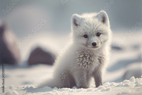 Arctic fox pup (Vulpes Lagopus) in snow habitat, generative ai © Bhavdip