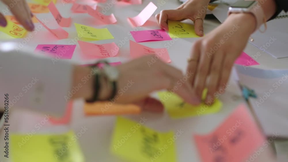 Hands, sticky notes or team brainstorming for marketing strategy or ...