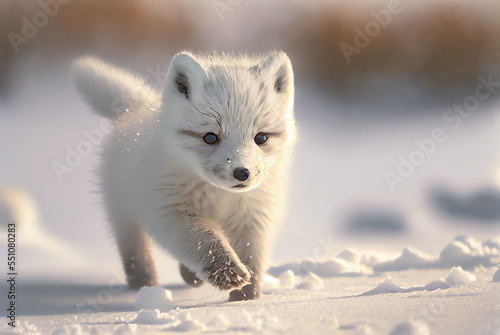 Baby Arctic fox (Vulpes Lagopus) in snow habitat, winter landscape, Generative AI © Bhavdip