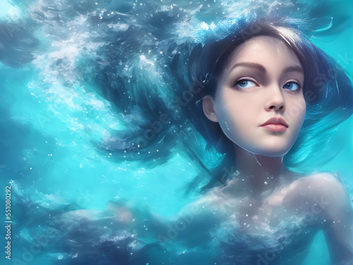 Portrait of the Goddess of the Ocean Underwater. Fae, mermaid, genie, water spirit. Digital artwork.