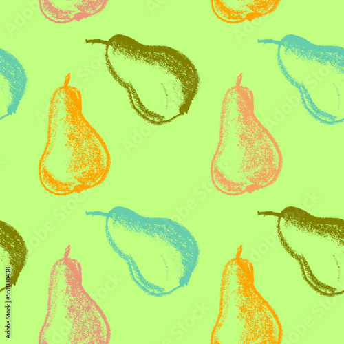 Color pears seamless pattern for fabric design. Green pear textile ornament. Fruit background for Vegan banner, label juice. Red pear drawings for jam packaging. Hand drawn wallpaper texture.