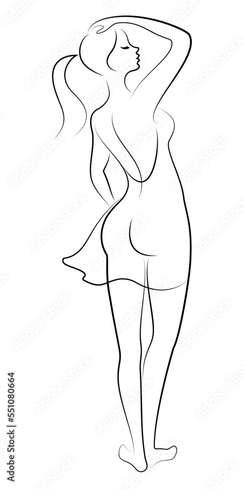 Silhouette of a woman in a modern continuous line style. The girl is slim and beautiful. Lady suitable for aesthetic decor, posters, stickers, logo. Vector illustration. Silhouette of a woman in a modern continuous line style. The girl is slim and beautiful. Lady suitable for aesthetic decor, posters, stickers, logo. Vector illustration.