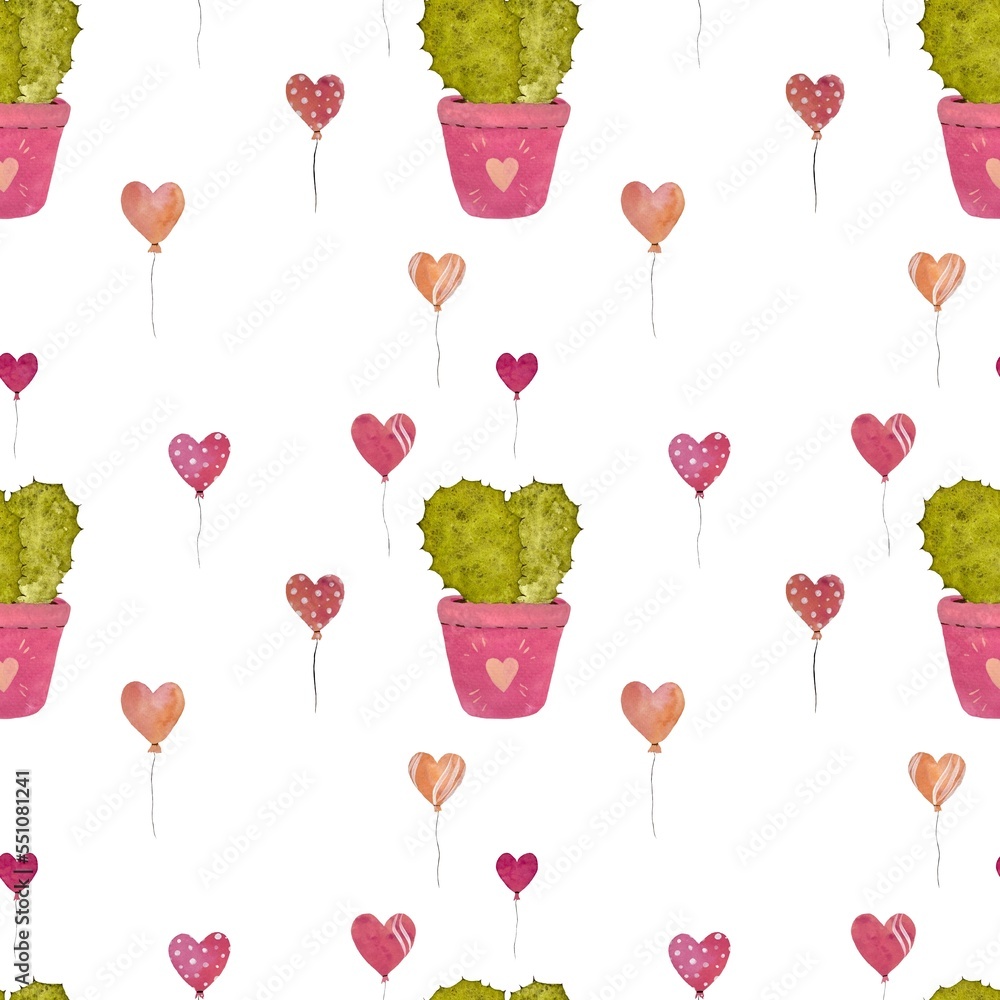 Cactus balloon pink cute pattern a watercolor