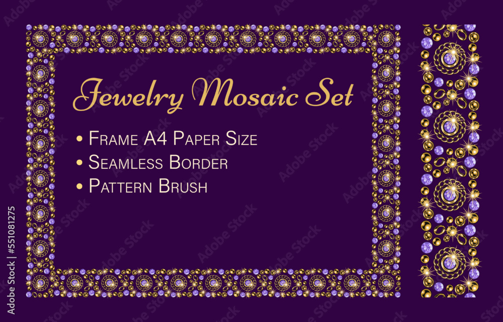 Jewelry set with rectangular mosaic frame, seamless border, pattern brush. Gold elements, purple gems. Can be used for poster, invitation, greeting card, menu etc Vintage style