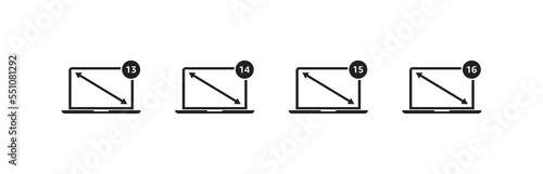 Laptop icon set with diagonal screen size. 13, 14, 15, 16 inch. Vector EPS 10