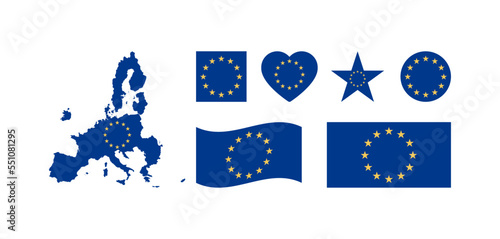 Made in eu labels, signs. European product template. European flag in different shapes. EU map. Vector EP 10