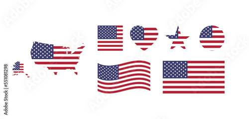 Made in usa labels, signs. American product template. American flag in different shapes. American map. Vector EP 10