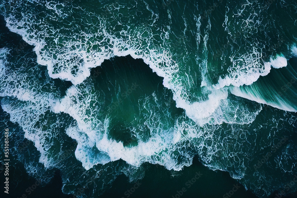 Foto Stock AI generated image aerial top view background photo of ocean sea  water white wave splashing in the deep sea. Drone photo backdrop of sea  wave in bird eye waves.