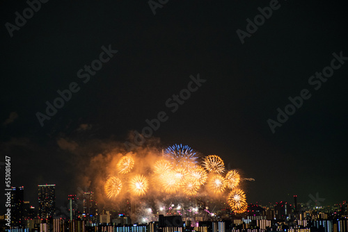 View of fireworks during a summer festival with a clear sky night (Toyonaka, Osaka, Japan) (20221203-007) © Pablo
