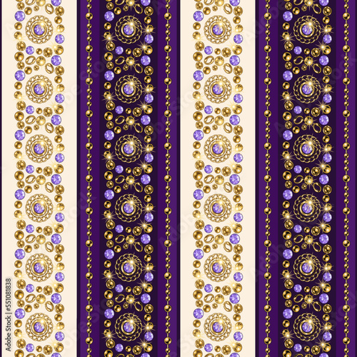 Seamless striped pattern with precious jewelry elements, gold beads, chains, purple gems. Ornate mosaic style. Good for clothing, apparel, fabric, textile, surface design.