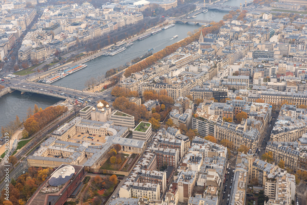  Views of the landscape of the city of Paris and the Seine River and Saint Aleixandre Church from the Eiffel Tower