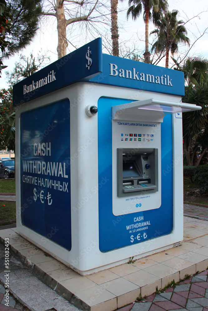 Kemer, Turkey - February 6, 2022: ATM of IsBank, the largest private ...