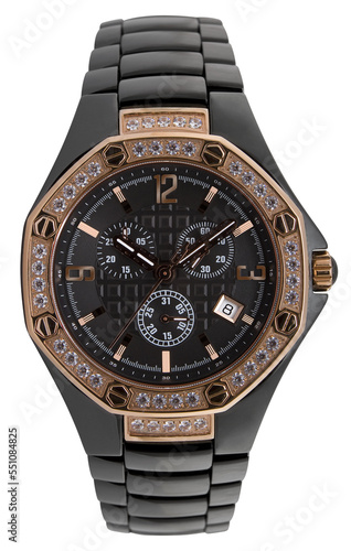 Black wrist watch with gold and diamonds in PNG format.