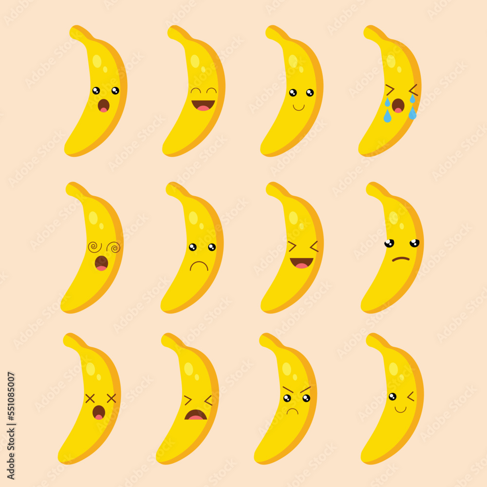 Set of banana characters with variety of facial expressions