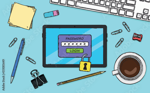 A hand-drawn illustration showing a tablet with locked access lying on an office desk. Access is protected by the password needed to open it.