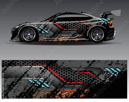 Car wrap design concept. Abstract racing background for wrapping vehicles  race cars  cargo van  pickup trucks  and racing livery.