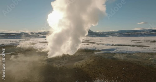 aerial view on fumaroles steam in geothermal area hverir