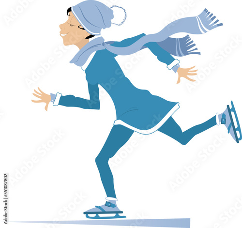 Skating young woman illustration.
Winter sport. Skating young woman in blue clothes. Isolated on white background
