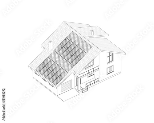 Contemporary suburban house with roof solar panels. Isolated 3D vector.