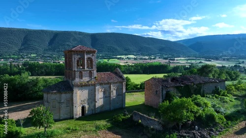 Hermitage of San Pedro de Tejada. Aerial view from a drone. Tesla Saw. Aerial view from a drone. Valdivielso Valley. The Meringues. Burgos, Castilla y Leon, Spain, Europe photo