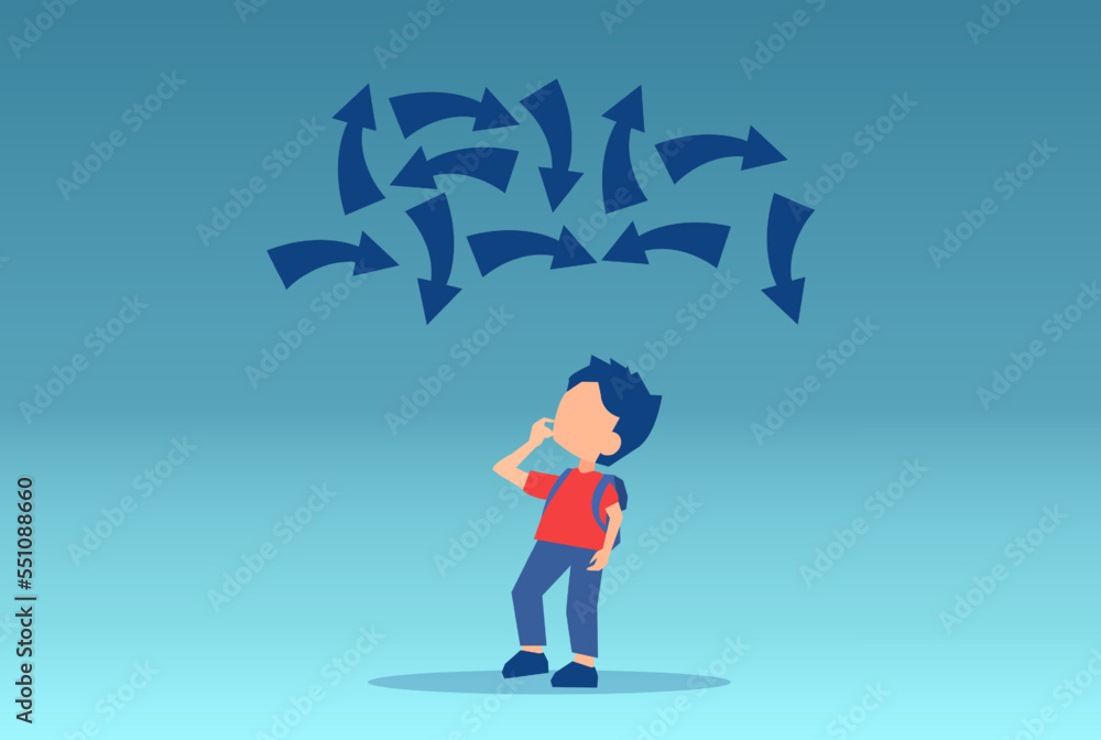 Vector of a boy student looking up confused at multiple arrows Vector of a boy student looking up confused at multiple arrows