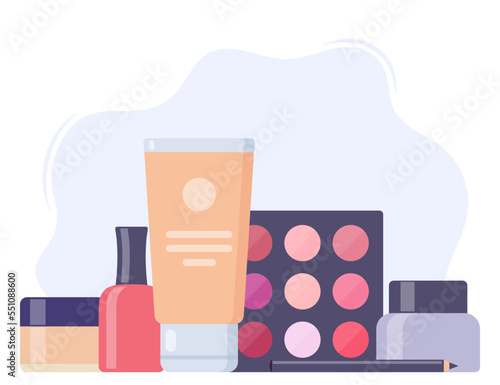 Decorative cosmetics, beautiful composition. Everything for make up. Eye shadow, mascara, nail Polish, foundation, brush, lipstick, cream cosmetic pencil. Vector illustration.