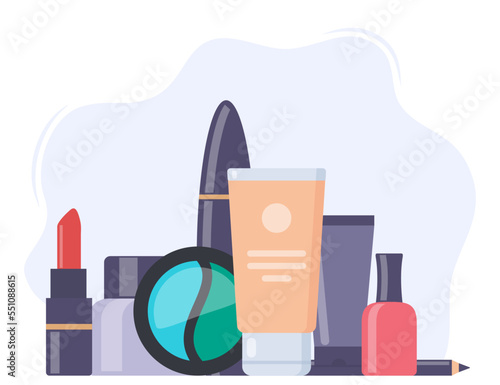Decorative cosmetics, beautiful composition. Everything for make up. Eye shadow, mascara, nail Polish, foundation, brush, lipstick, cream cosmetic pencil. Vector illustration.