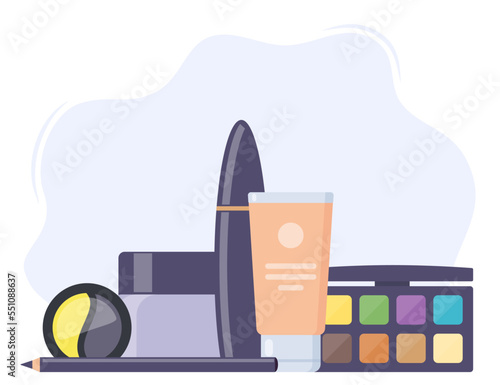 Decorative cosmetics, beautiful composition. Everything for make up. Eye shadow, mascara, nail Polish, foundation, brush, lipstick, cream cosmetic pencil. Vector illustration.