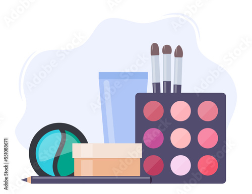Decorative cosmetics, beautiful composition. Everything for make up. Eye shadow, mascara, nail Polish, foundation, brush, lipstick, cream cosmetic pencil. Vector illustration.