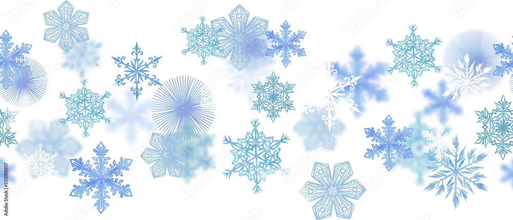 Seamless border with Blue watercolor snowflakes on a transparent ...