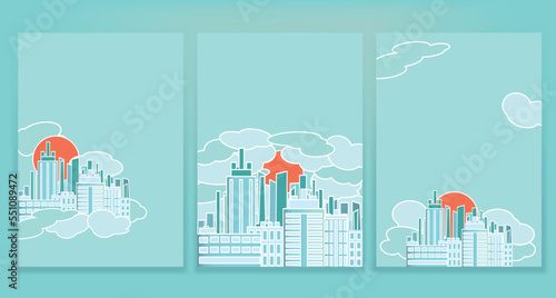 The city in the clouds against the background of the orange sun in the Japanese style. Blue and orange color in a set of vector illustration in a flat minimalist style.
