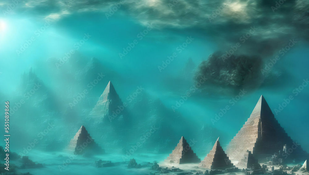 fantasy illustration of underwater view of submerged ruins of ancient city with group of pyramids and glowing light