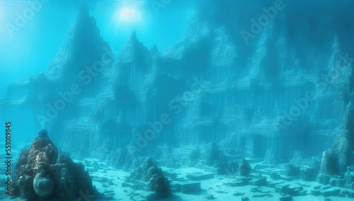fantasy illustration of underwater view of submerged ruins of lost ancient city with stone buildings