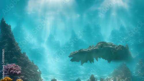fantasy illustration of large underwater scene with a fish and corals in the water and sunlight streaming through the water
