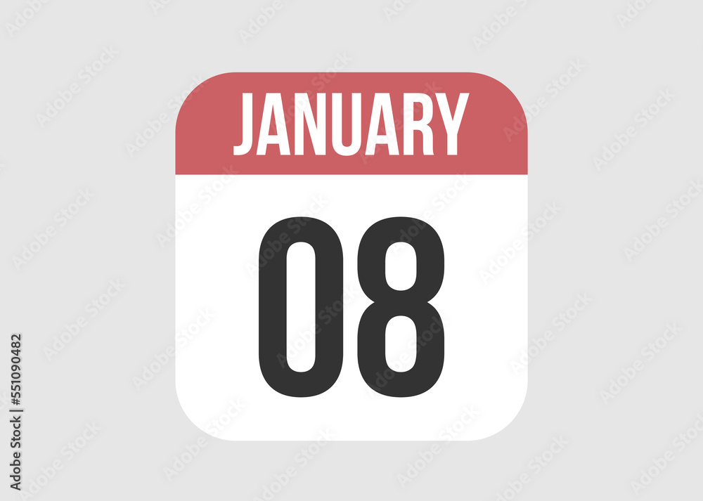 8 january icon isolated on background. January vector for day of week and month in red. 8 january icon isolated on background. January vector for day of week and month in red.