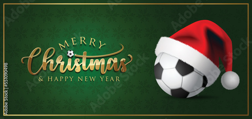 Soccer ball and Santa Claus hat - Merry christmas Greeting Card - vector design illustration on Green Background