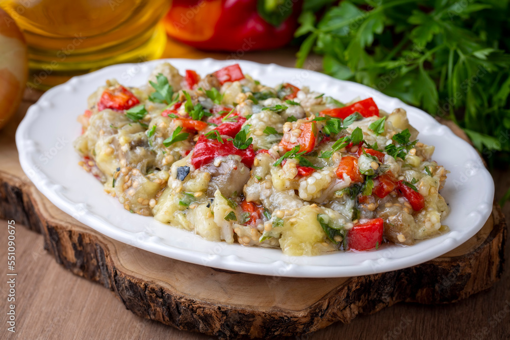 Turkish style eggplant appetizer, eggplant salad, Roasted Eggplant Salad, Turkish name; Patlican salatasi, babaganus Turkish style eggplant appetizer, eggplant salad, Roasted Eggplant Salad, Turkish name; Patlican salatasi, babaganus