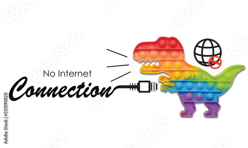 A picture rainbow pop it dinasour with no internet connnection word, symbol and lan cable illustration.